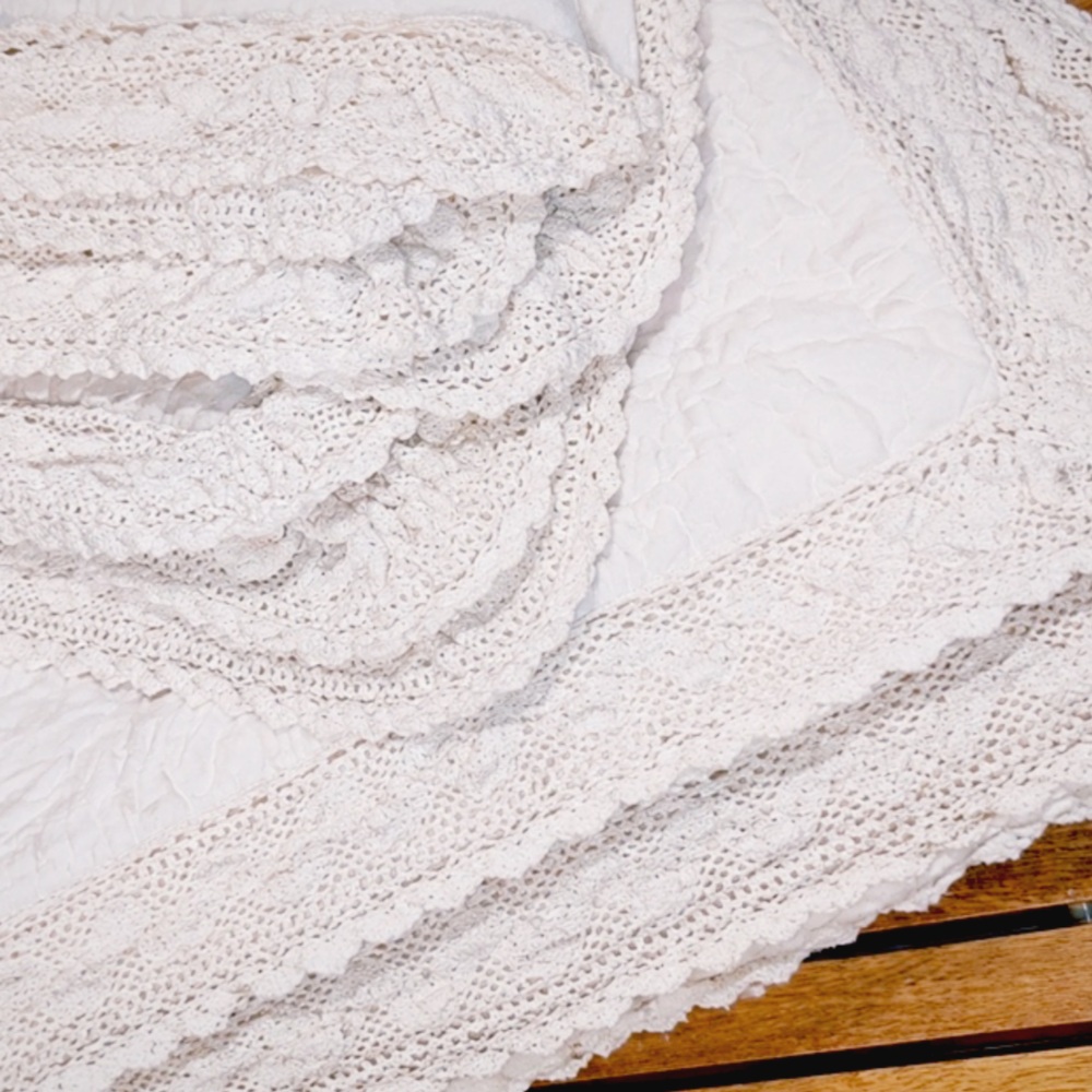 Simply Shabby Chic 3pc Quilt Shams Set Linen Blend Crochet Trim White Full Queen - Picture 4 of 16